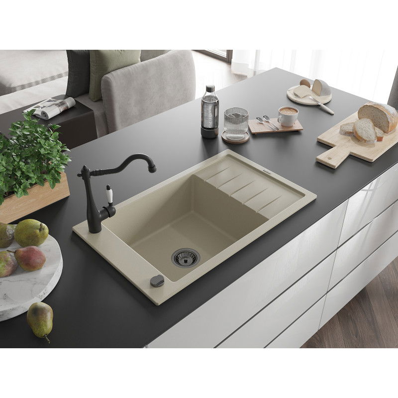Mexen Elias gránit mosogató 1-medencés csepegtetővel és Carla konyhai csapteleppel, bézs - 6511-69-670700-70