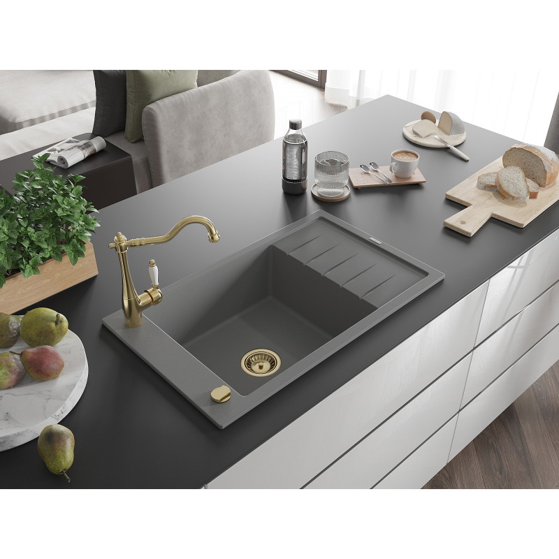 Mexen Elias chiuvetă de granit cu 1 cuvă cu scurgător și baterie de bucătărie Carla, gri - 6511-71-670700-50