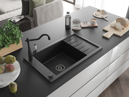 Chiuvetă granit Mexen Elias cu 1 compartiment, picurător și baterie Carla, negru/argintiu metalic - 6511-73-670700-70-B