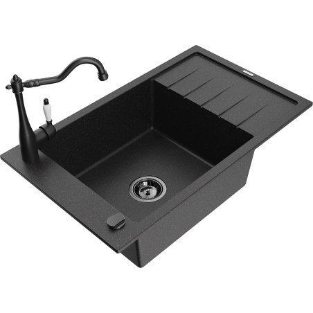 Chiuvetă granit Mexen Elias cu 1 compartiment, picurător și baterie Carla, negru/argintiu metalic - 6511-73-670700-70-B