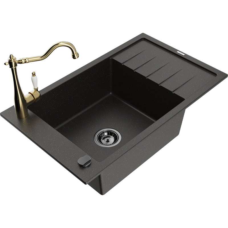 Mexen Elias chiuvetă din granit cu 1 compartiment, cu scurgător și baterie de bucătărie Carla, negru/auriu metalizat
