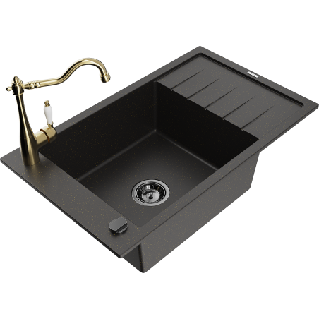 Mexen Elias chiuvetă din granit cu 1 compartiment, cu scurgător și baterie de bucătărie Carla, negru/auriu metalizat