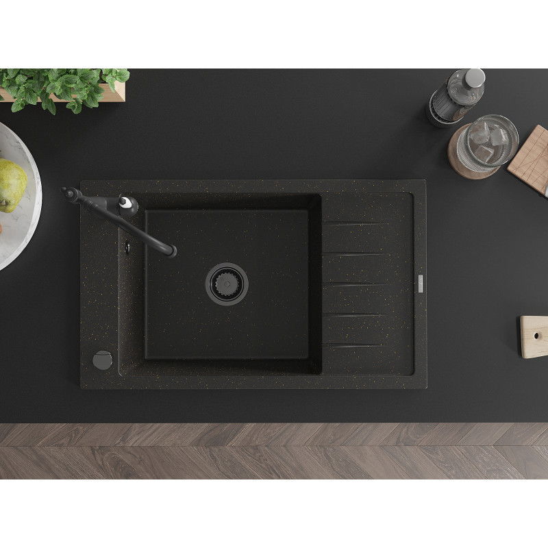 Mexen Elias 1-medencés gránit mosogató csepegtetővel és Carla konyhai csapteleppel, fekete/arany metál – 6511-75-670700-70-B
