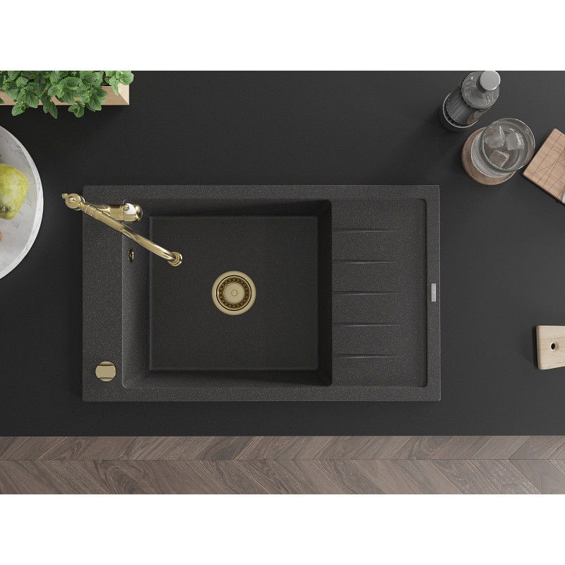 Mexen Elias gránit konyhai mosogató egykamrás csepegtetővel és Carla konyhai csapteleppel, fekete pöttyös - 6511-76-670700-50