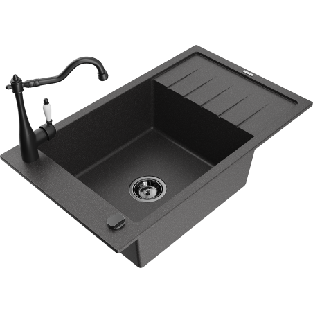 Chiuvetă de bucătărie granit Mexen Elias 1 cuvă cu scurgător și baterie Carla, negru pătat - 6511-76-670700-70-B
