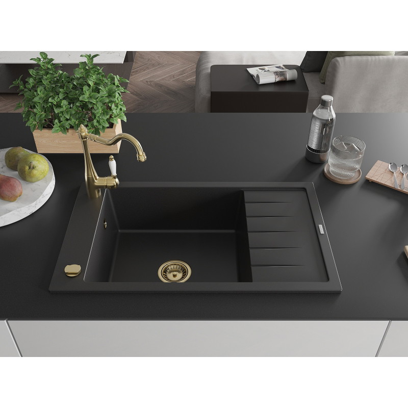 Mexen Elias chiuvetă de bucătărie din granit cu 1 compartiment cu picurător și baterie Carla, negru - 6511-77-670700-50