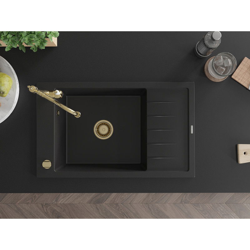 Mexen Elias egymedencés gránit mosogató csepegtetővel és Carla konyhai csappal, fekete - 6511-77-670700-50