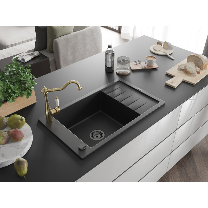Mexen Elias chiuvetă de granit cu 1 compartiment, cu scurgător și baterie de bucătărie Carla, neagră - 6511-77-670700-50-B