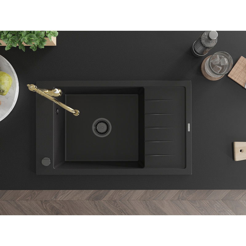 Mexen Elias chiuvetă granitică cu 1 compartiment, cu scurgător și baterie de bucătărie Carla, negru - 6511-77-670700-50-B