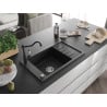 Mexen Elias chiuvetă de granit cu 1 compartiment cu picurător și baterie de bucătărie Carla, neagră - 6511-77-670700-70