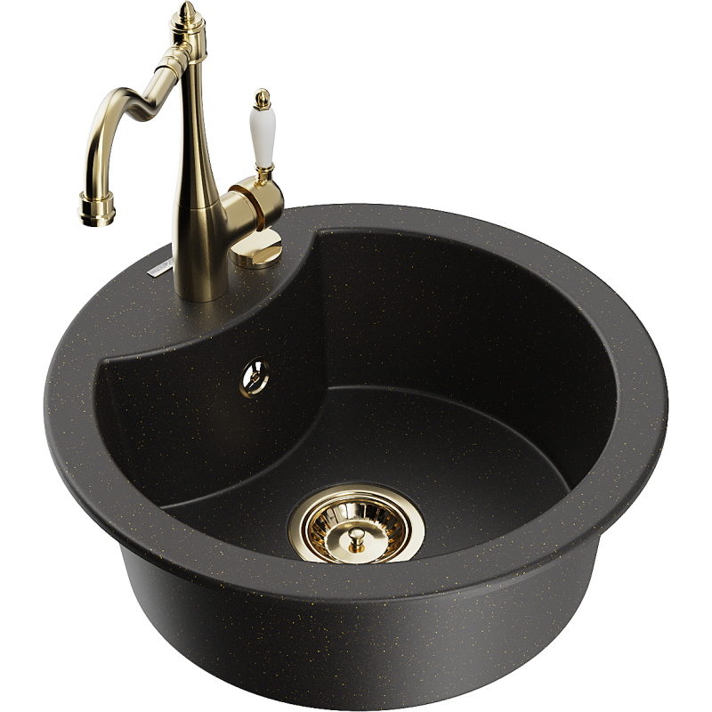 Mexen Diego egymedencés gránit mosogató Carla konyhai csapteleppel, fekete/arany metál - 6512-75-670700-50