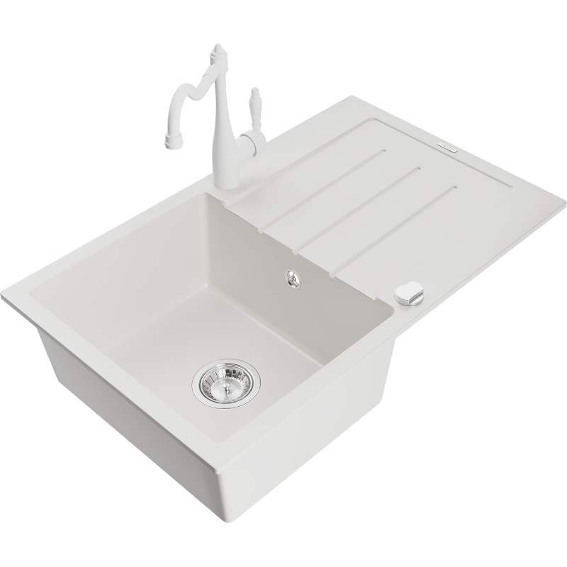 Mexen Bruno chiuvetă de granit cu o cuvă, cu scurgător și baterie de bucătărie Carla, alb - 6513-20-670700-20