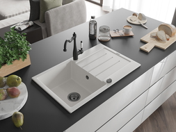 Mexen Bruno chiuvetă de granit cu o cuvă și scurgător și robinet de bucătărie Carla, alb - 6513-20-670700-70