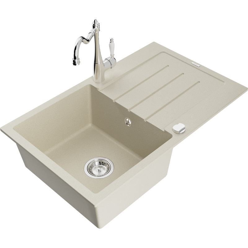 Mexen Bruno chiuvetă de bucătărie din granit cu 1 compartiment, cu scurgător și baterie de bucătărie Carla, bej