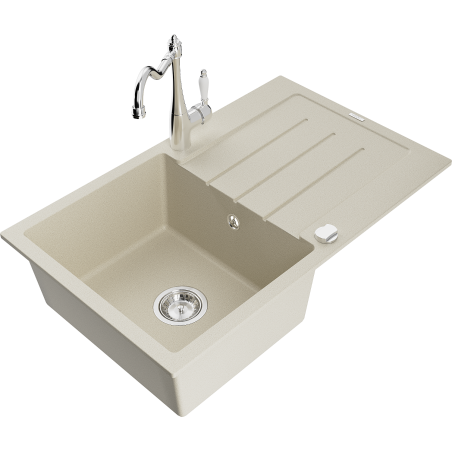 Mexen Bruno chiuvetă de bucătărie din granit cu 1 compartiment, cu scurgător și baterie de bucătărie Carla, bej