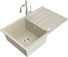Mexen Bruno egytálcás gránit mosogató csepegtetővel és Carla konyhai csapteleppel, bézs - 6513-69-670700-00