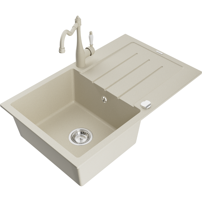 Mexen Bruno chiuvetă de granit cu o cuvă, cu scurgător și baterie bucătărie Carla, bej - 6513-69-670700-69