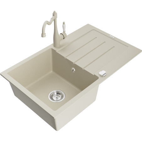 Mexen Bruno chiuvetă de granit cu o cuvă, cu scurgător și baterie bucătărie Carla, bej - 6513-69-670700-69