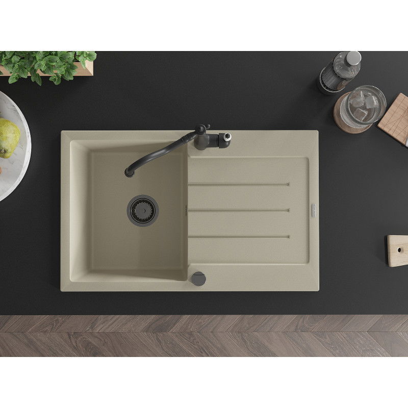 Mexen Bruno egymedencés, csepegtetős gránit mosogató és Carla konyhai csaptelep, bézs - 6513-69-670700-70