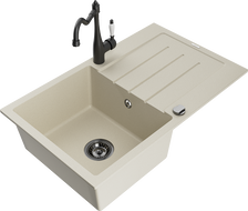 Mexen Bruno chiuvetă din granit cu 1 compartiment și scurgător și baterie de bucătărie Carla, bej - 6513-69-670700-70