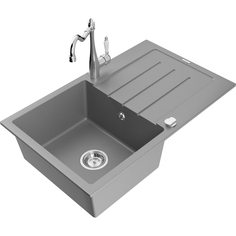Mexen Bruno chiuvetă de bucătărie din granit cu 1 compartiment, cu scurgător și baterie de bucătărie Carla, gri