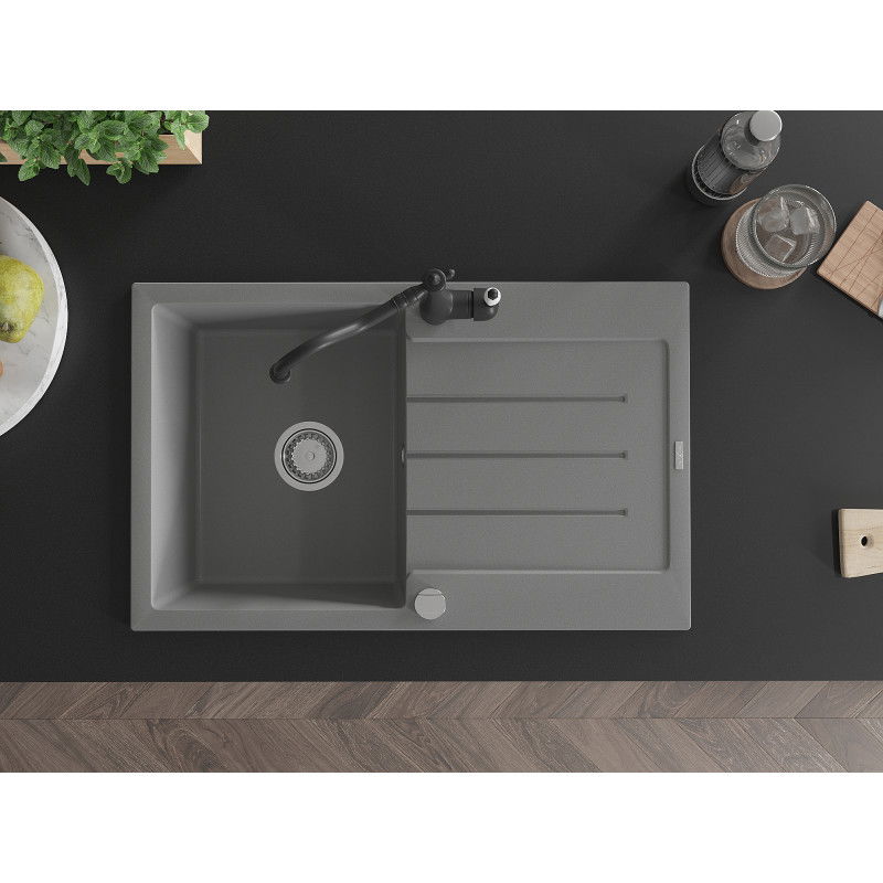Mexen Bruno chiuvetă de granit cu 1 cameră cu scurgător și baterie de bucătărie Carla, gri - 6513-71-670700-70
