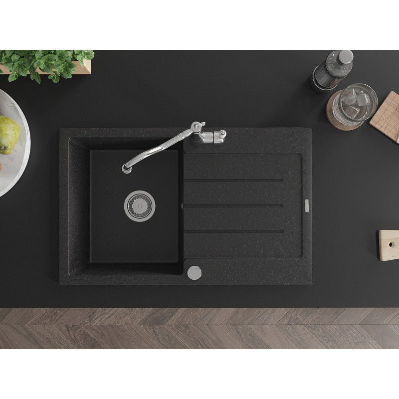 Mexen Bruno 1 rekeszes gránit mosogató csepegtetővel és Carla konyhai csappal, fekete/ezüst metál - 6513-73-670700-00