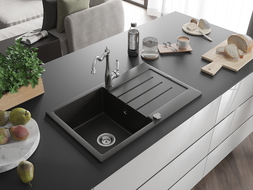 Mexen Bruno chiuvetă de granit cu 1 cameră cu scurgător și baterie bucătărie Carla, negru/auriu metalic - 6513-75-670700-00