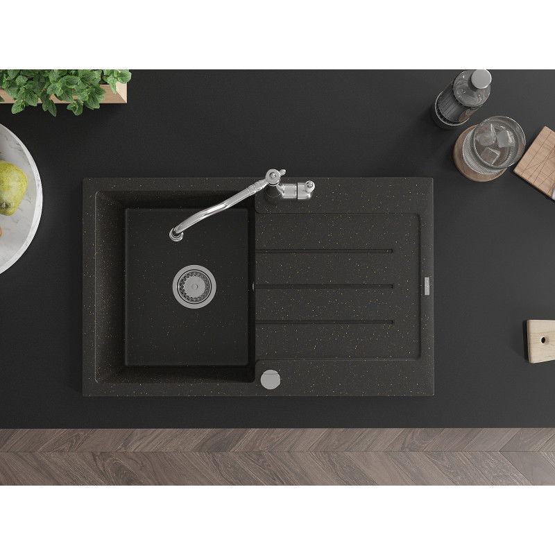 Mexen Bruno gránitmosogató 1-medencés csepptálcával és Carla konyhai csapteleppel, fekete/arany metál - 6513-75-670700-00