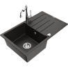 Mexen Bruno chiuvetă din granit cu 1 cuvă, cu picurător și baterie de bucătărie Carla, negru/auriu metalic