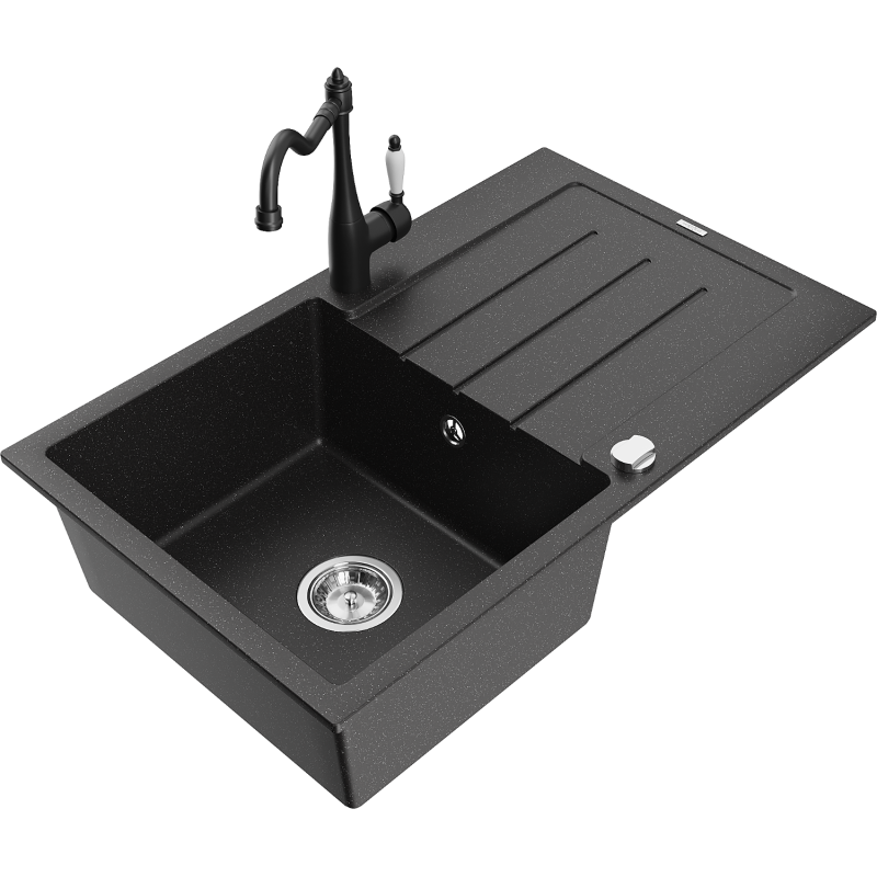 Mexen Bruno chiuvetă de granit cu o cuvă și picurător, cu baterie bucătărie Carla, negru/metal argintiu