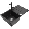 Mexen Bruno chiuvetă de granit cu o cuvă și picurător, cu baterie bucătărie Carla, negru/metal argintiu
