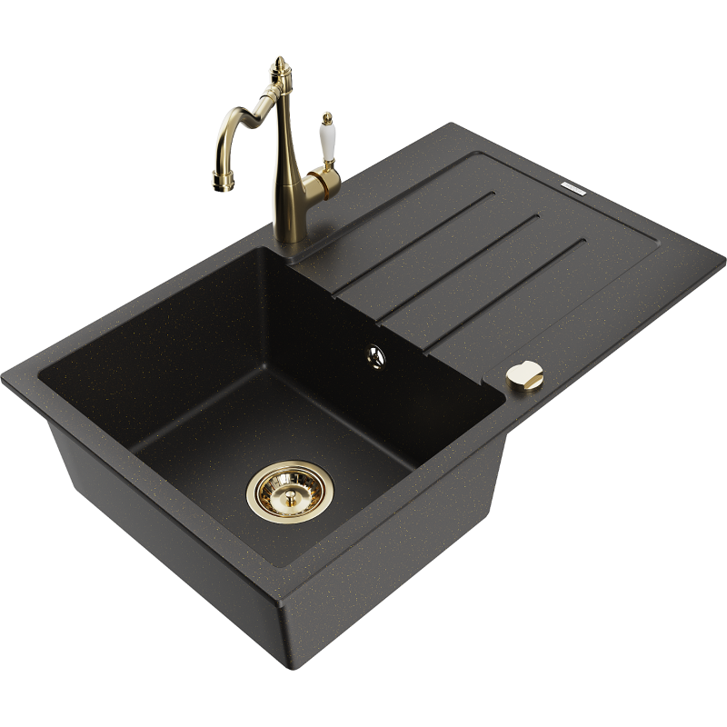 Mexen Bruno chiuvetă granit 1 compartiment cu scurgător și baterie de bucătărie Carla, negru/auriu metalizat