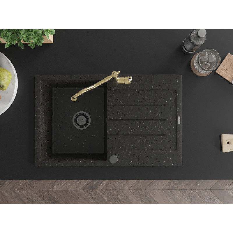 Mexen Bruno chiuvetă de granit cu o cuvă, scurgător și baterie de bucătărie Carla, negru/auriu metalizat - 6513-75-670700-50-B