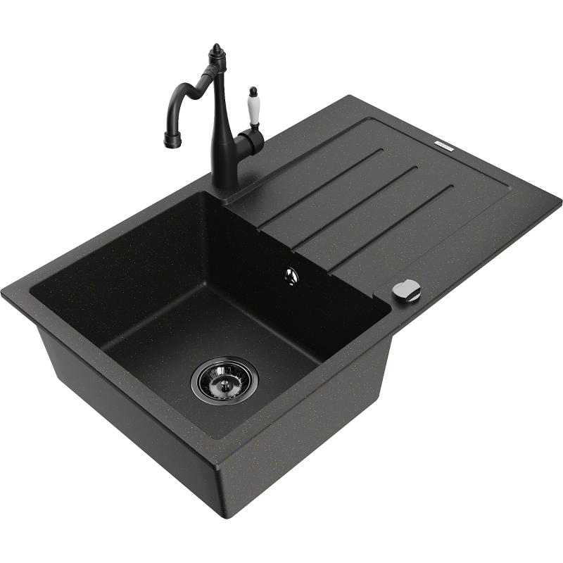 Mexen Bruno chiuvetă de bucătărie din granit cu 1 compartiment, cu scurgător și baterie Carla, negru/auriu metalic