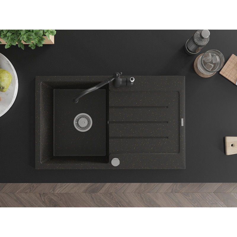 Mexen Bruno egymedencés gránit mosogató csepegtetővel és Carla konyhai csapteleppel, fekete/arany metál - 6513-75-670700-70