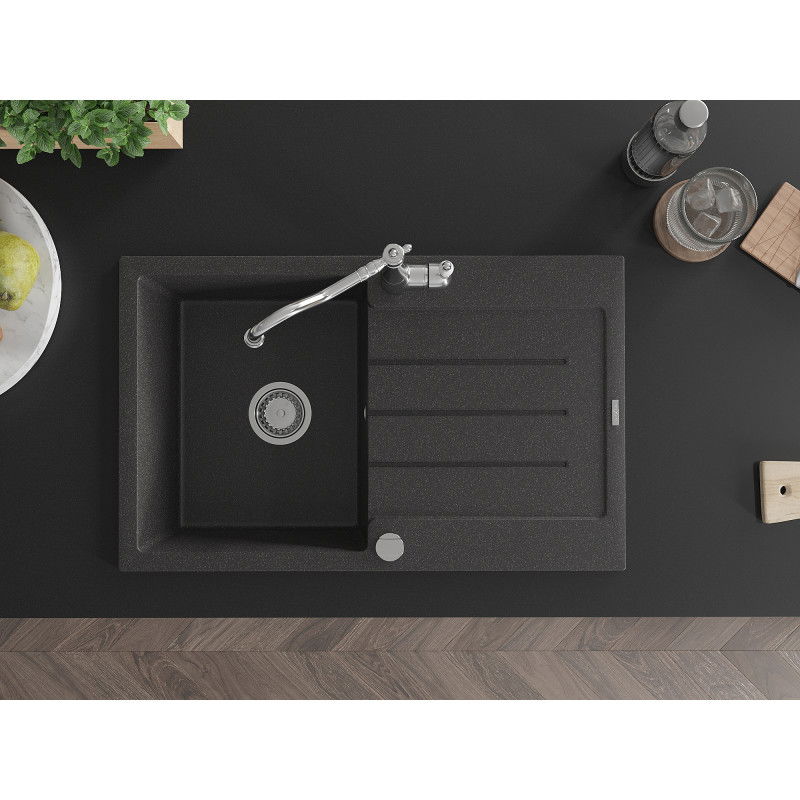 Mexen Bruno chiuvetă de granit cu 1 compartiment și picurător și baterie de bucătărie Carla, negru cu pete - 6513-76-670700-00