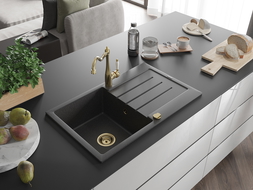 Mexen Bruno chiuvetă de granit cu 1 cameră cu picurător și baterie de bucătărie Carla, negru pătat - 6513-76-670700-50