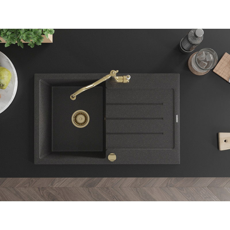 Mexen Bruno egymedencés gránit mosogató csepegtetővel és Carla konyhai csappal, fekete pettyes - 6513-76-670700-50