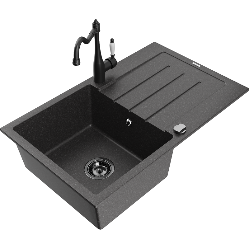 Mexen Bruno chiuvetă de granit cu o cuvă și scurgător, cu baterie de bucătărie Carla, negru cu pete - 6513-76-670700-70-B