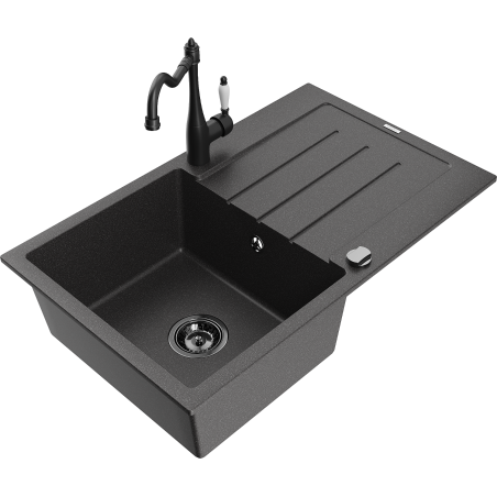 Mexen Bruno chiuvetă de granit cu o cuvă și scurgător, cu baterie de bucătărie Carla, negru cu pete - 6513-76-670700-70-B
