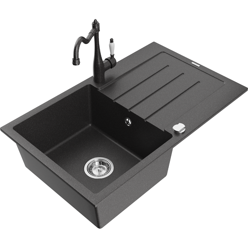 Mexen Bruno chiuvetă de granit cu 1 cuvă, picurător și baterie bucătărie Carla, negru cu pete - 6513-76-670700-76