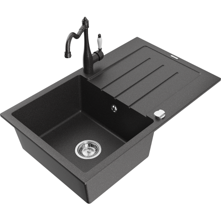 Mexen Bruno chiuvetă de granit cu 1 cuvă, picurător și baterie bucătărie Carla, negru cu pete - 6513-76-670700-76