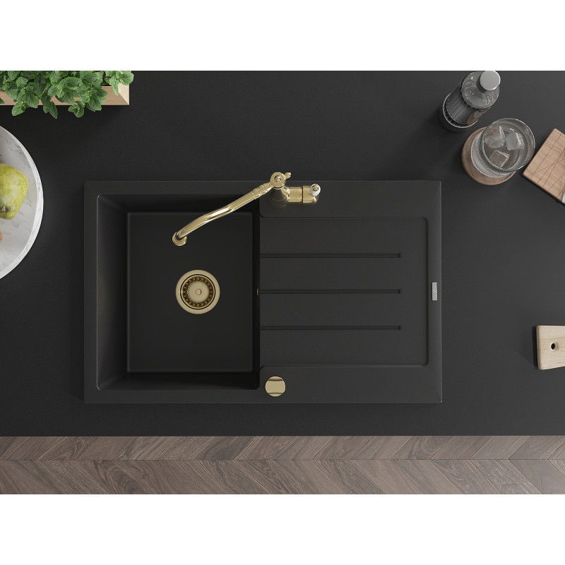 Mexen Bruno chiuvetă de granit cu 1 compartiment cu picurător și baterie de bucătărie Carla, negru - 6513-77-670700-50