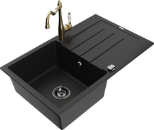 Mexen Bruno 1-medencés gránit mosogatókagyló csepegtetővel és Carla konyhai csapteleppel, fekete - 6513-77-670700-50-B