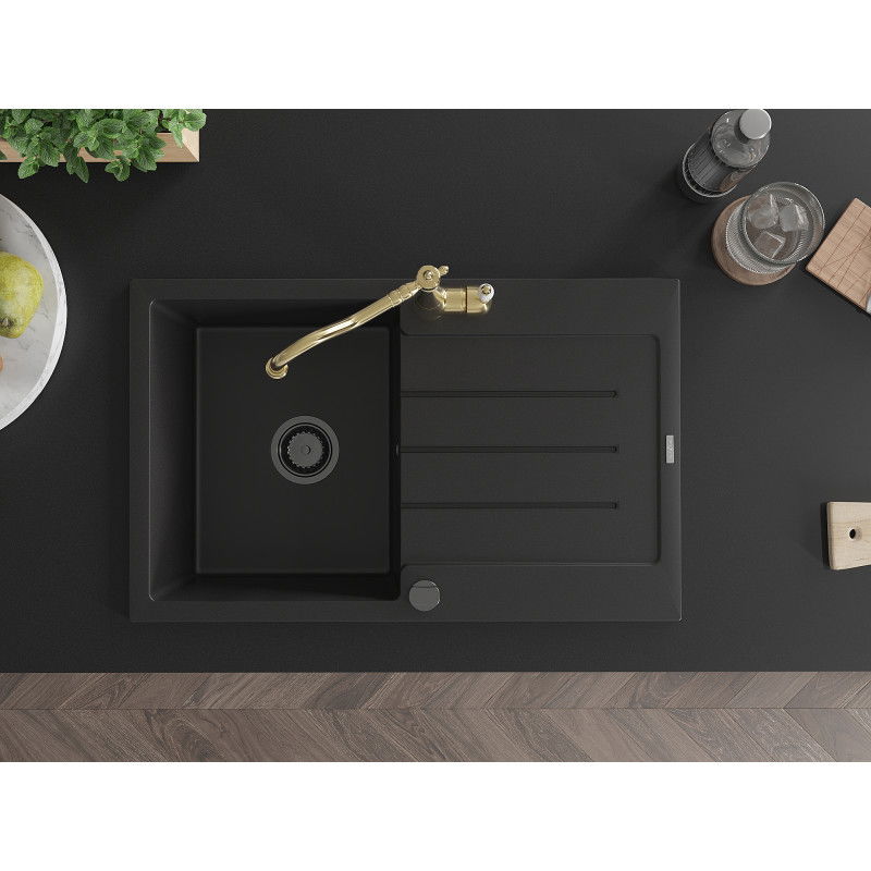 Mexen Bruno 1-medencés gránit mosogatókagyló csepegtetővel és Carla konyhai csapteleppel, fekete - 6513-77-670700-50-B