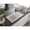Mexen Cesar chiuvetă de granit cu un compartiment, cu picurător și baterie de bucătărie Carla, Albă - 6514-20-670700-20