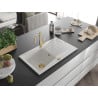 Mexen Cesar chiuvetă de granit cu un compartiment, cu picurător și baterie de bucătărie Carla, Albă - 6514-20-670700-50