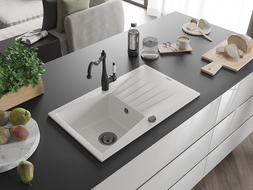 Mexen Cesar gránit egytálcás mosogató csepegtetővel és Carla konyhai csapteleppel, fehér - 6514-20-670700-70