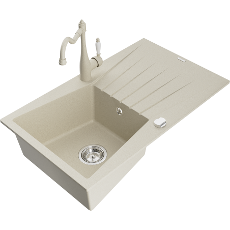 Mexen Cesar 1 rekeszes gránit mosogató lefolyóval és Carla konyhai csapteleppel, bézs - 6514-69-670700-69